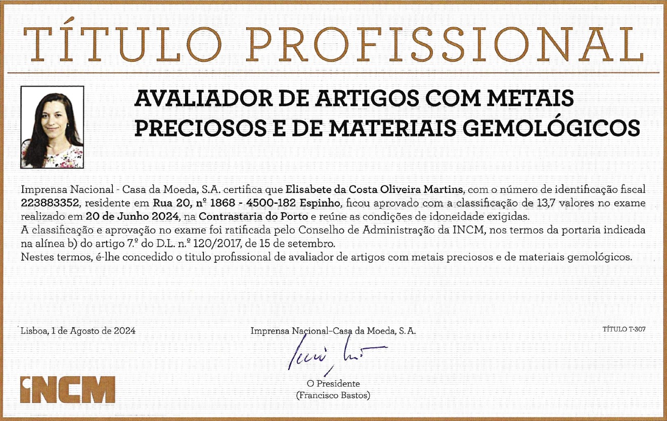 Título Profissional INCM nº T-307 emitido em nome de Elisabete da Costa Oliveira Martins — Avaliadora Oficial de Ouro, Prata, Joias e Metais Preciosos